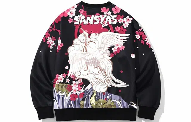 木村三社 鹤舞卡通印花宽松圆领套头卫衣 男女同款