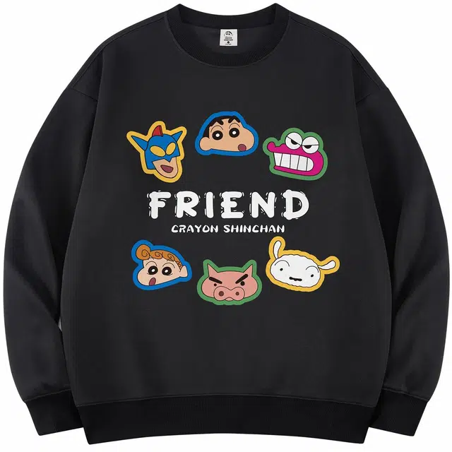蜡笔小新 卡通人物头像贴字母印花休闲宽松圆领套头卫衣 男女同款