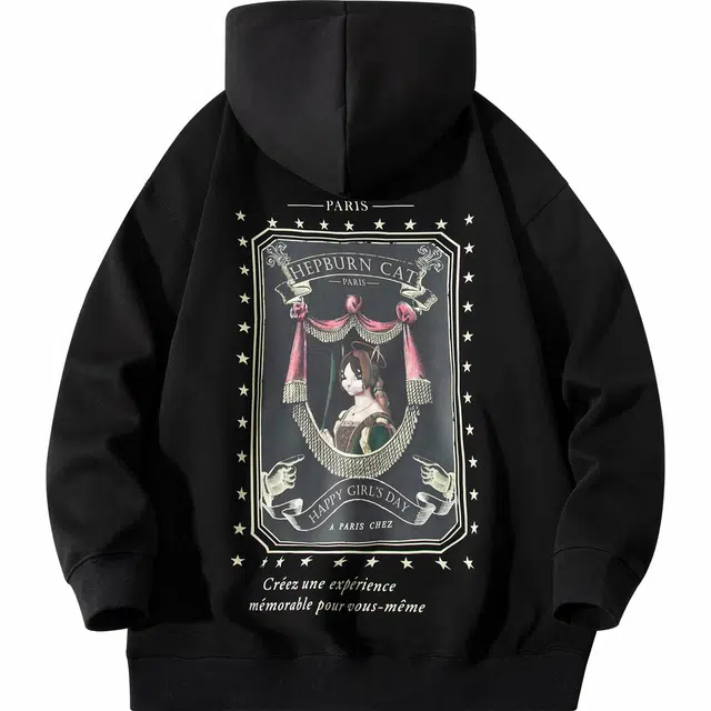 赫本猫 复古油画字母印花宽松休闲连帽卫衣 男女同款