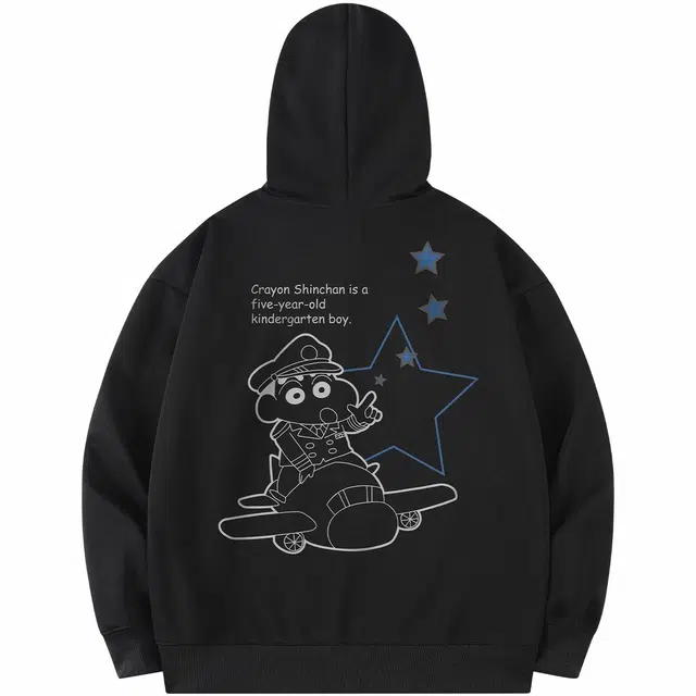蜡笔小新 卡通小新机长星星字母印花休闲宽松套头连帽卫衣 男女同款
