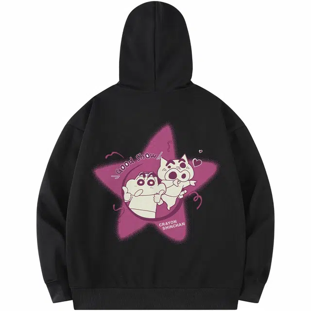 蜡笔小新 卡通小新左卫门星星字母印花休闲宽松套头连帽卫衣 男女同款