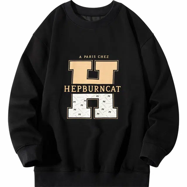 赫本猫 字母卡通印花宽松休闲圆领套头卫衣 男女同款