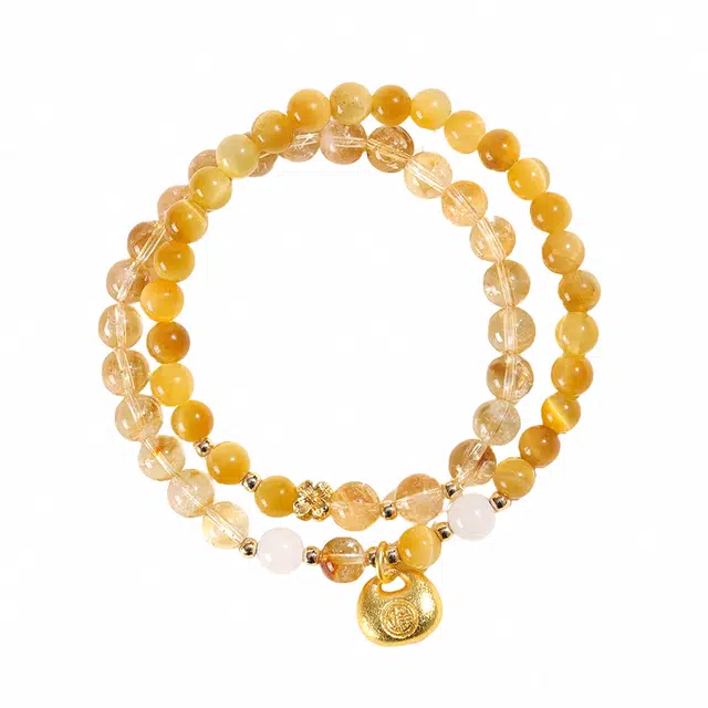 周百福 发财小胖福 国潮新中式 复古转运珠多圈叠戴黄塔晶 串珠招财纳福 好运 黄水晶 手串 男女同款情侣款