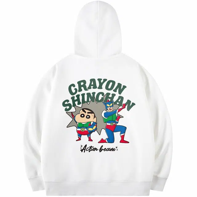 蜡笔小新 卡通小新动感超人字母印花休闲宽松套头连帽卫衣 男女同款