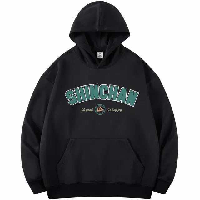 蜡笔小新 卡通小新头像标志字母印花宽松休闲套头连帽卫衣 男女同款