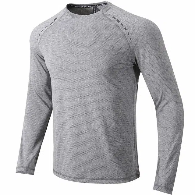 Muscle Dog Reflective Print Crewneck Long Sleeve Tee Light Grey