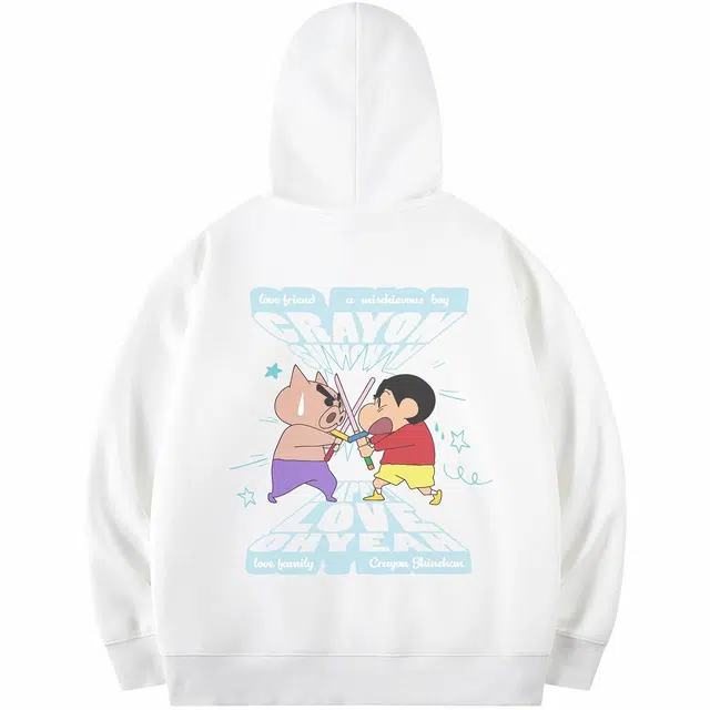 蜡笔小新 卡通小新左卫门击剑印花休闲宽松套头连帽卫衣 男女同款