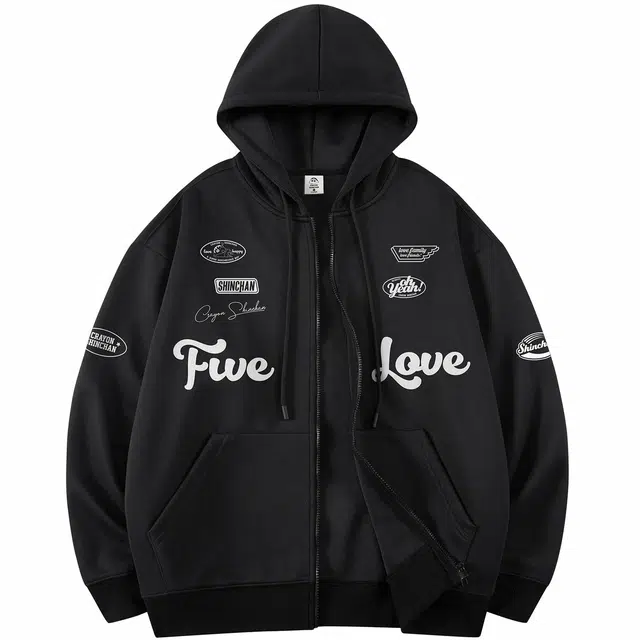 蜡笔小新 趣味赛车元素卡通字母印花休闲连帽拉链开衫外套卫衣 男女同款