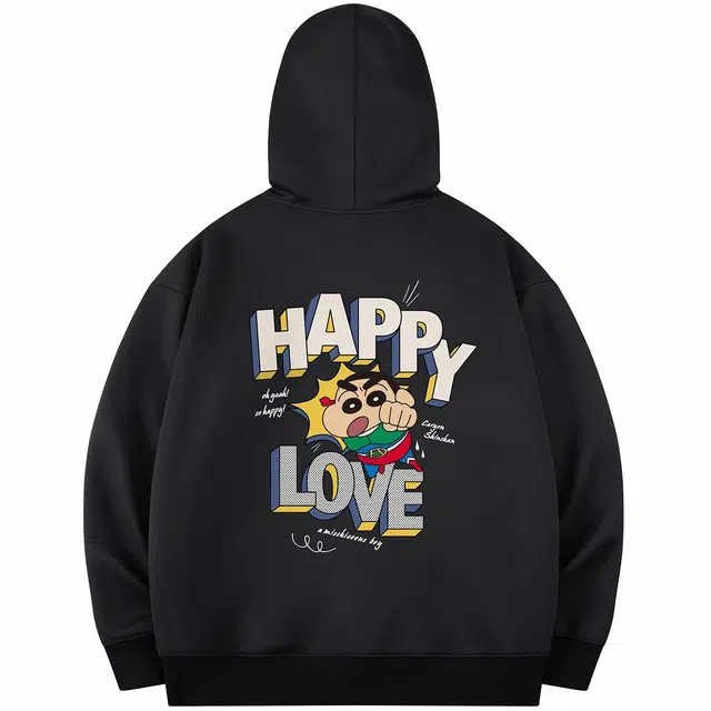 蜡笔小新 卡通小新动感超人立体字母休闲宽松套头连帽卫衣 男女同款