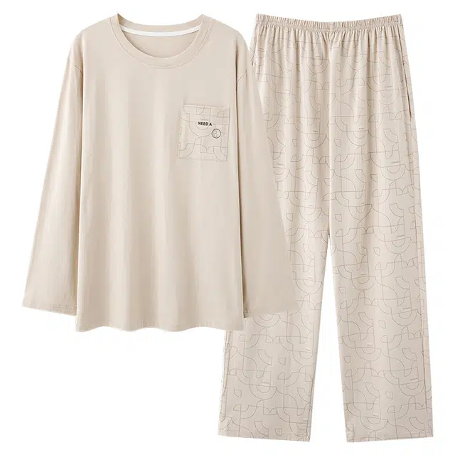 乐姿韵 简约条纹圆领柔软宽松长袖长裤舒适休闲春夏季睡衣套装 男款 杏色