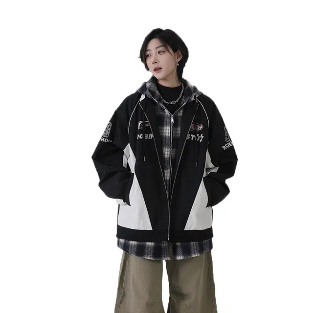 佐菲利 连帽假两件格子小众设计感拼接撞色美式高街字母夹克外套 男女同款