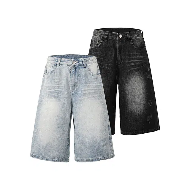 欧路得 美式做旧水洗七分复古宽松设计感牛仔短裤 男款