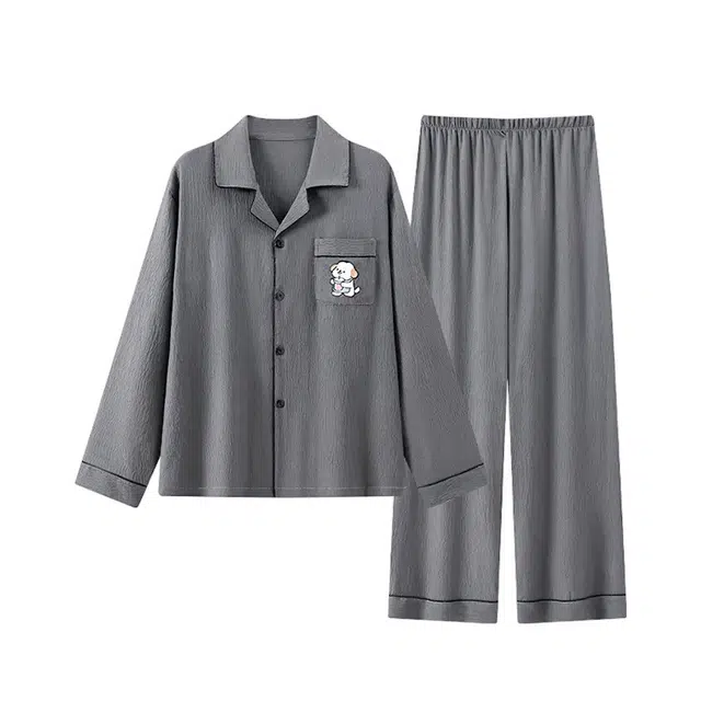 俏韵 纯色长袖卡通可爱休闲透气家居服睡衣套装 女款 灰色