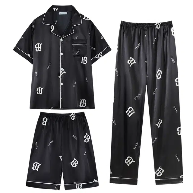 向薇 时尚简约字母图案休闲翻领开衫家居服睡衣套装 男款 图片色