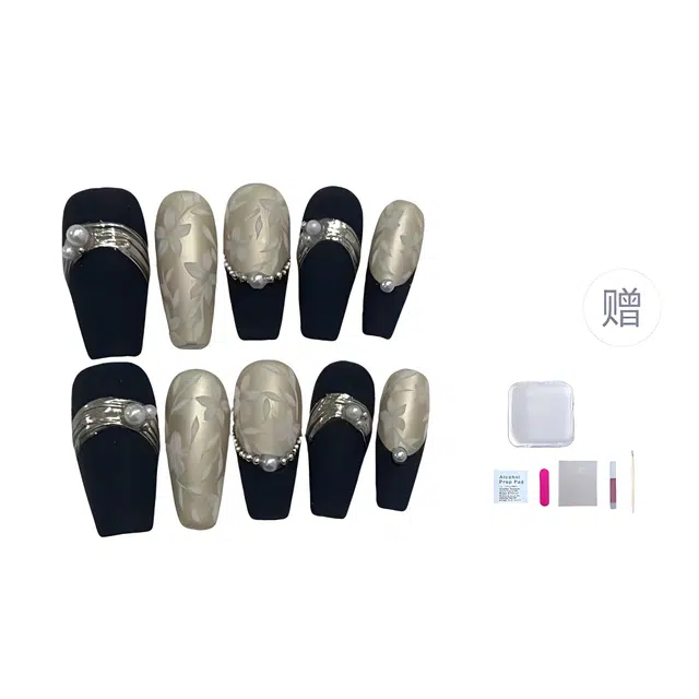 几多萌 魔镜美甲  穿戴甲 梯型长款深蓝纯色 哑光 手绘小花