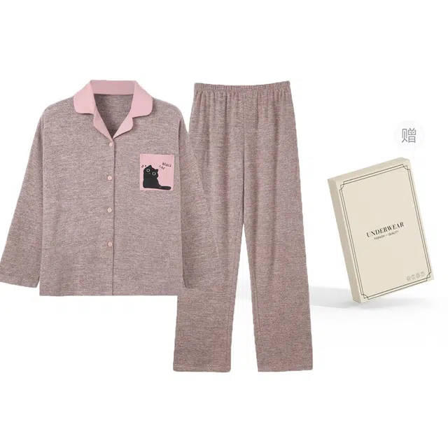 俏韵 卡通翻领休闲长袖长裤睡衣套装 女款 礼盒装 粉色