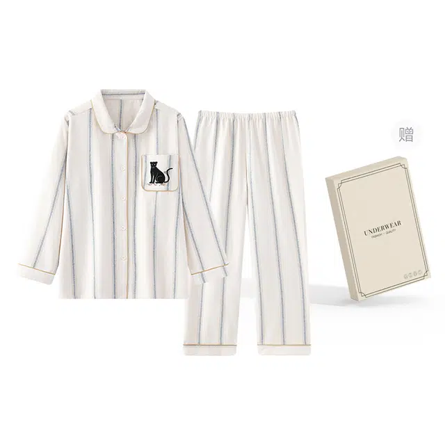 俏韵 条纹卡通休闲长袖长裤可外穿家居服睡衣套装 男款 礼盒装 杏色