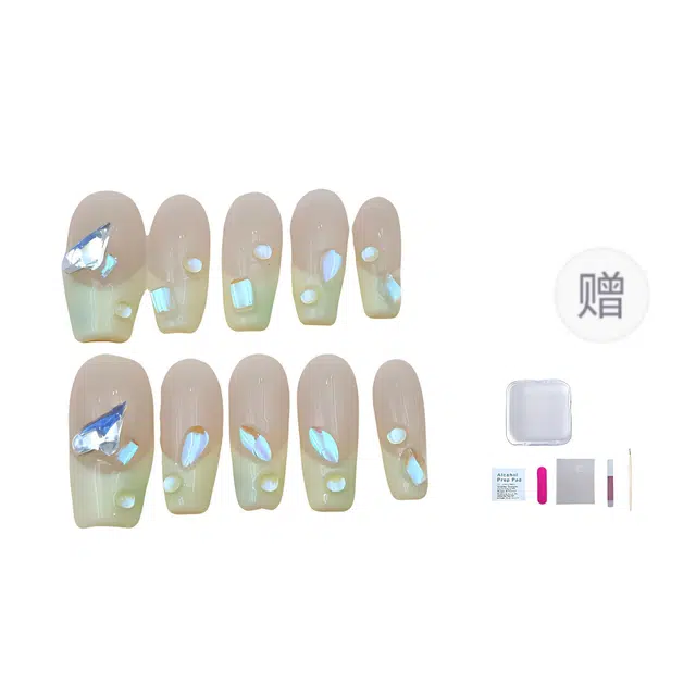 几多萌 手工简约梦幻泡泡珠极光闪钻气质  穿戴甲 梯型长款黄色纯色 法式