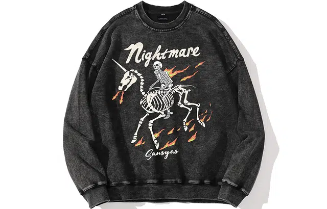 木村三社 恶灵骑士印花宽松洗水圆领卫衣 男女同款 洗水黑