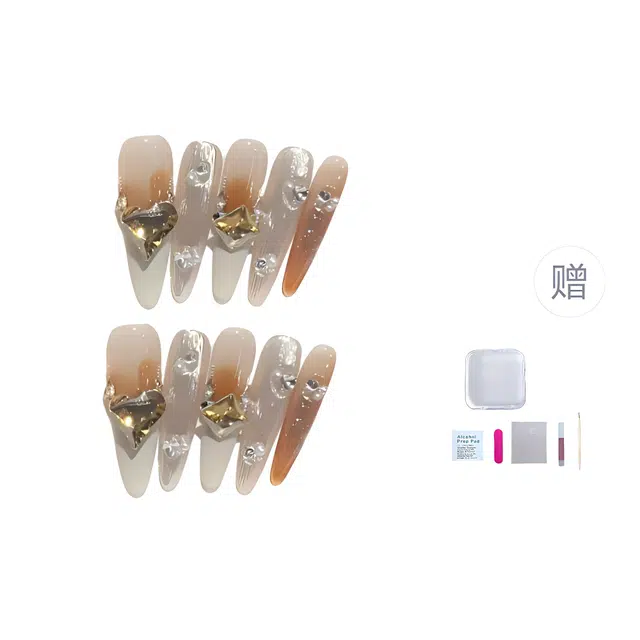 几多萌 穿戴甲高级氛围感焦糖色 魔镜美甲爆闪爱心钻可拆卸  长款咖色腮红晕染 纯欲