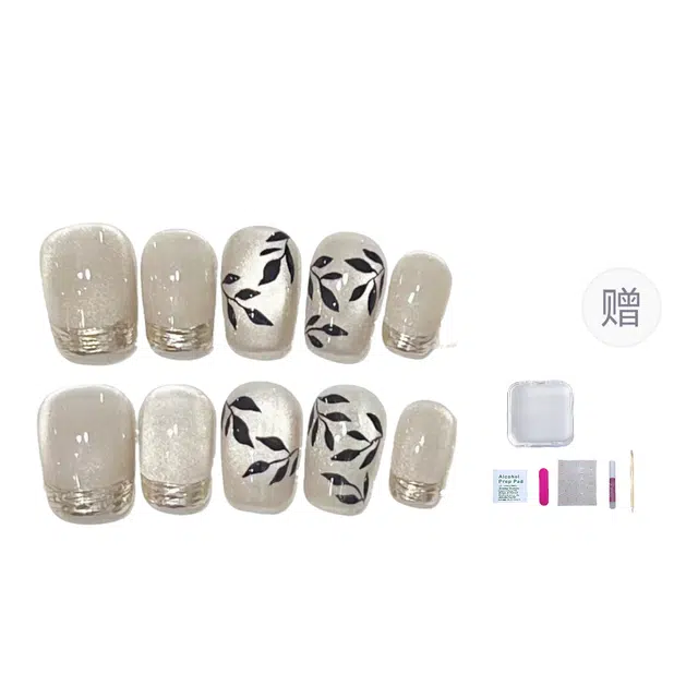 几多萌 中国风魔镜法式手绘竹子猫眼可拆卸  穿戴甲 短短梯银色渐变 爆闪