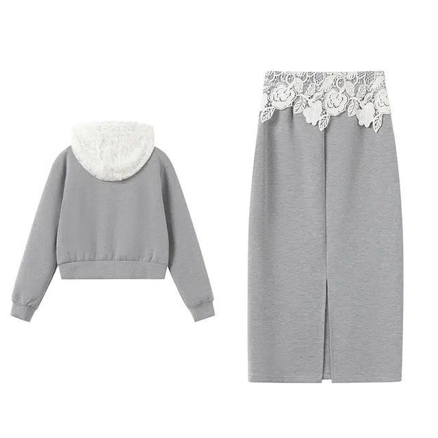 古莲菲 韩系运动装设计感连帽卫衣外套高腰半身裙裙装套装 女款 灰色