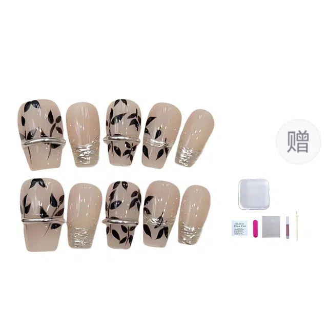 几多萌 轻奢魔镜法式手绘树叶  穿戴甲 短梯香槟色裸色 国风