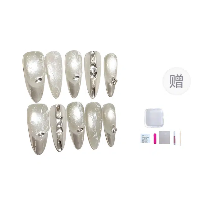 几多萌 【竹光闪闪】 中国风高光猫眼魔镜法式高级氛围感手绘竹子  穿戴甲 杏仁银白色纯色 纯欲