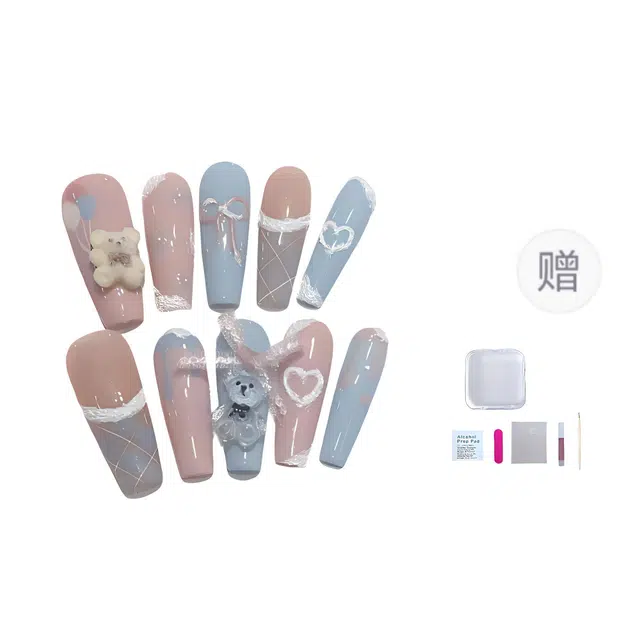 几多萌 【糖果小熊】 手工清新糖果立体小熊可拆卸  穿戴甲 梯型长款粉蓝色裸色 可爱