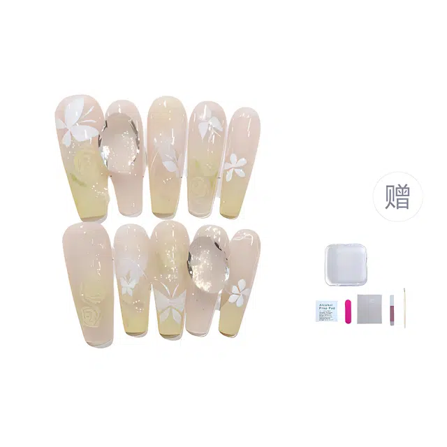 几多萌 【法国庄园】 穿戴甲手工高级氛围感手绘玫瑰庄园蝴蝶美甲镂空法式轻奢风指甲贴  梯型长款黄色裸色 细闪