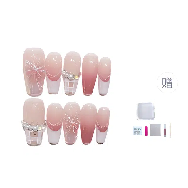 几多萌 【冰心蝴蝶穿】 戴甲甜酷辣妹假指甲渐变法式甲片可拆卸  中梯粉色腮红晕染 纯欲