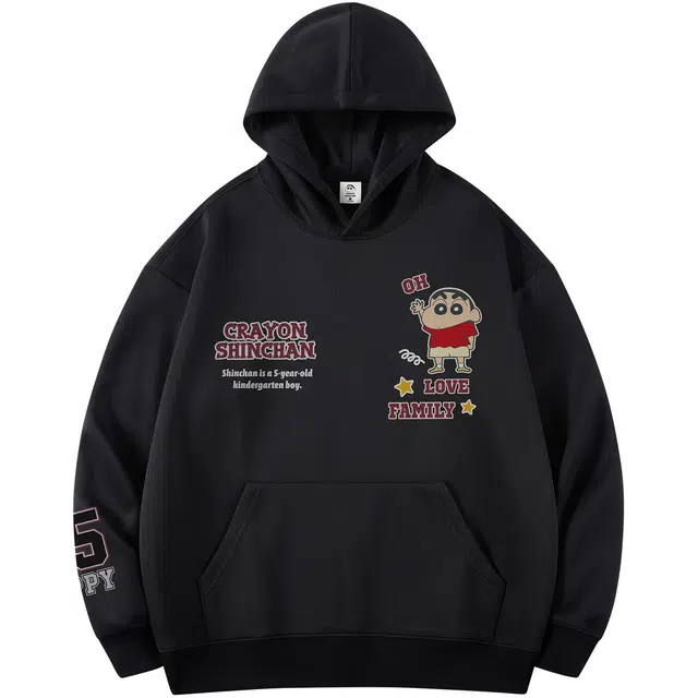 蜡笔小新 小新卡通字母印花宽松套头休闲连帽卫衣 男女同款