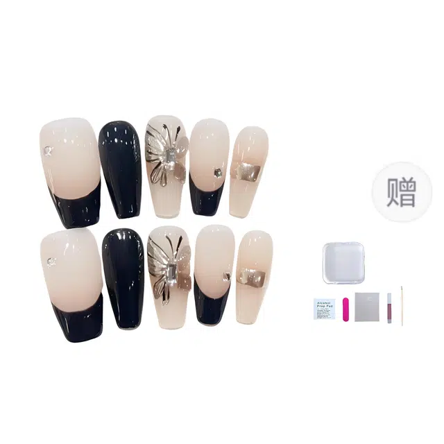 几多萌 高级感气质手绘蝴蝶法式可拆卸  穿戴甲 梯型长款黑色裸色 细闪