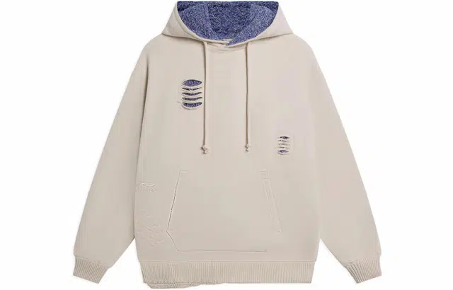 中国李宁 都市游牧 纯色破损磨边连帽长袖卫衣 男女同款 灰色