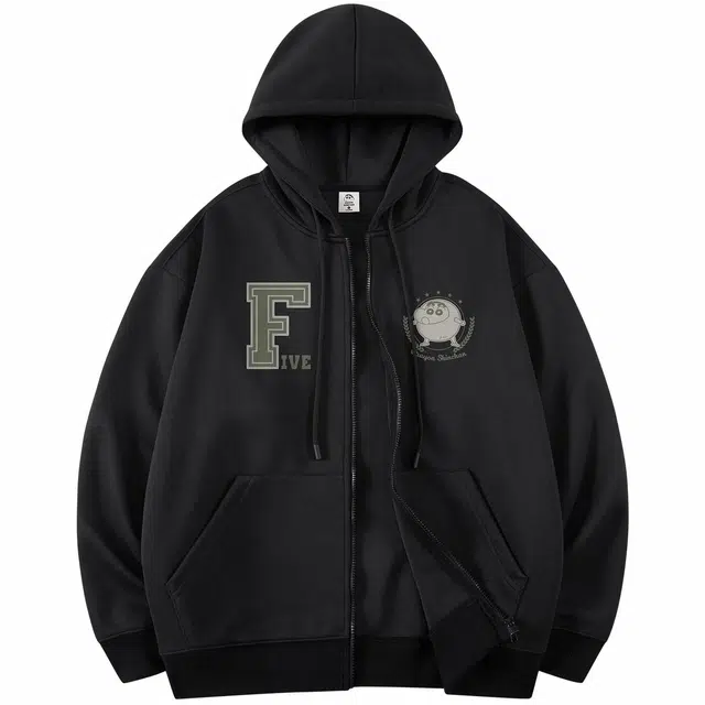蜡笔小新 卡通小新字母印花休闲拉链开衫连帽卫衣外套 男女同款
