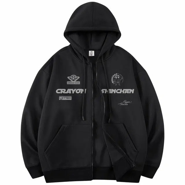 蜡笔小新 趣味卡通字母标识印花休闲连帽拉链开衫卫衣外套 男女同款