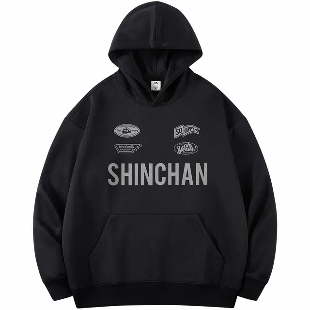 蜡笔小新 赛车元素字母印花休闲宽松套头连帽卫衣 男女同款