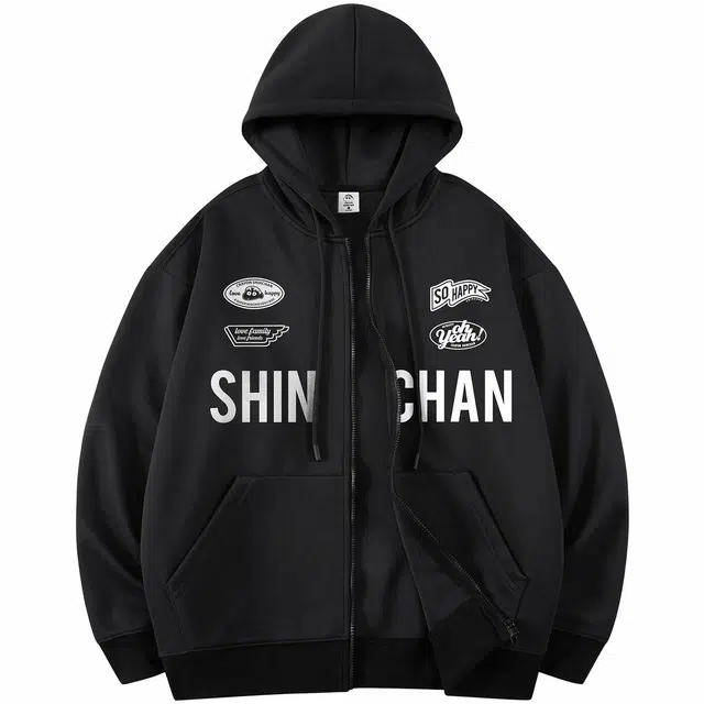 蜡笔小新 赛车元素字母印花休闲连帽拉链开衫卫衣外套 男女同款