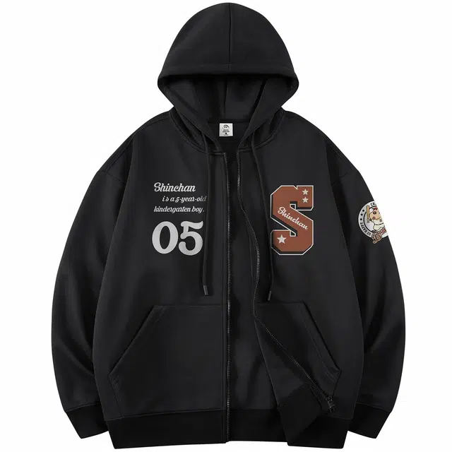 蜡笔小新 趣味小新棒球徽标字母印花休闲连帽拉链开衫卫衣外套 男女同款