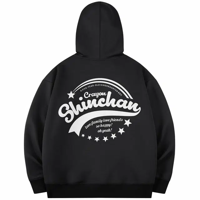 蜡笔小新 星星字母环状卡通印花宽松休闲套头连帽卫衣 男女同款