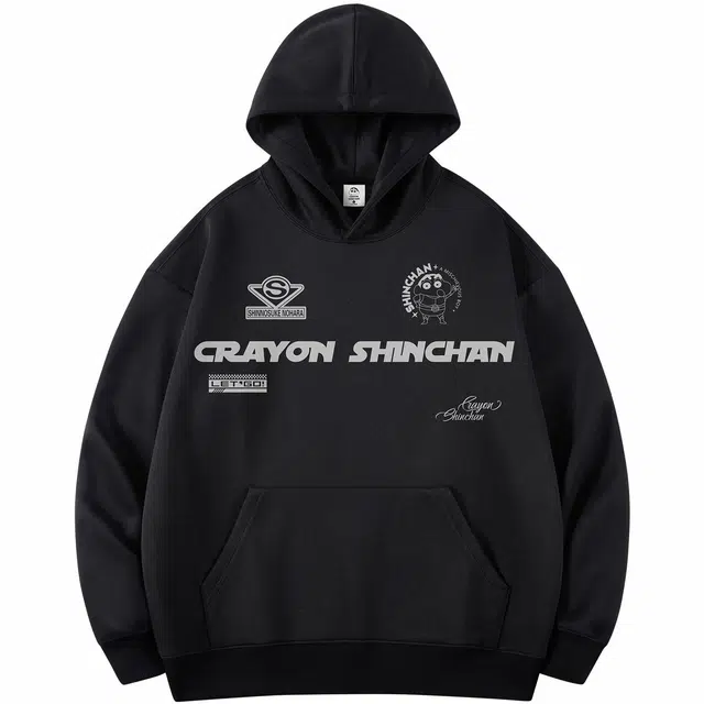 蜡笔小新 趣味卡通字母标识印花宽松休闲套头连帽卫衣 男女同款