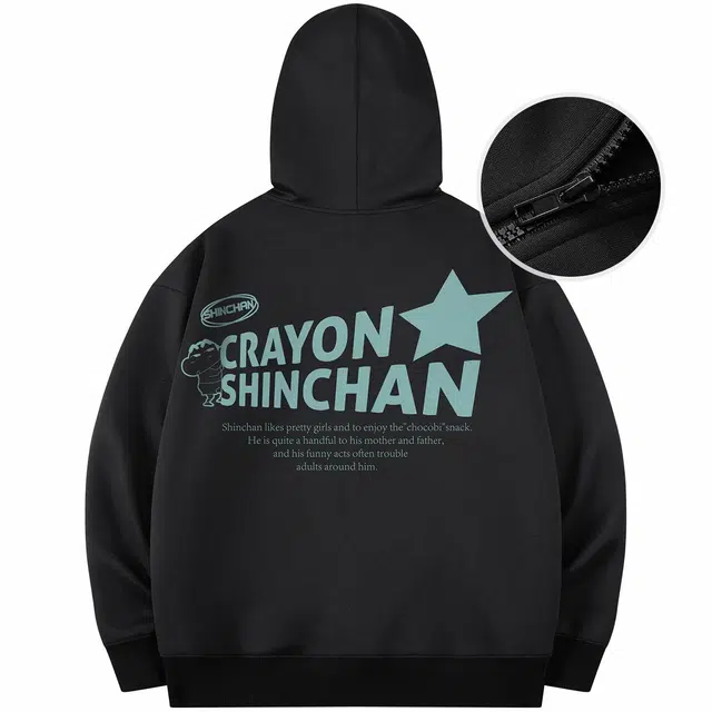 蜡笔小新 卡通星星字母害羞小新印花休闲连帽拉链开衫卫衣外套 男女同款