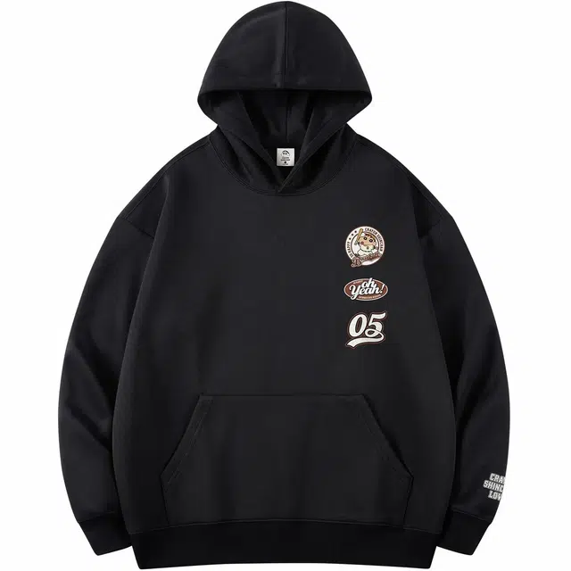 蜡笔小新 卡通小新棒球手徽标字母印花宽松休闲套头连帽卫衣 男女同款