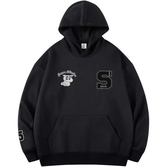 蜡笔小新 卡通小新字母印花休闲宽松套头连帽卫衣 男女同款