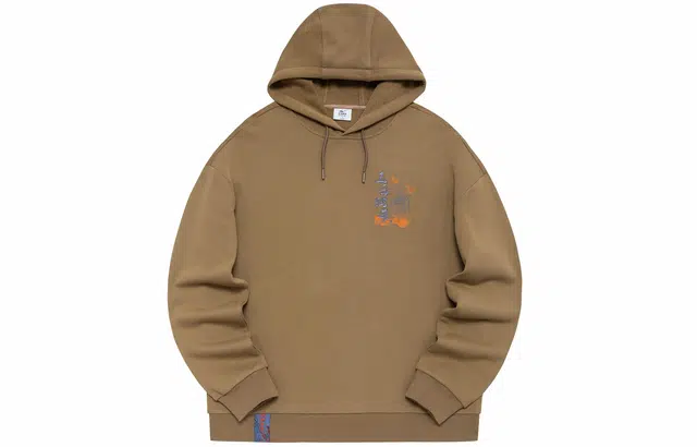 鸿星尔克 伍岳独尊 文字刺绣套头连帽长袖卫衣 男款 奶咖棕