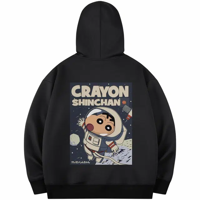 蜡笔小新 卡通小新遨游星空字母印花休闲宽松连帽套头卫衣 男女同款
