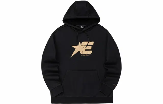 鸿星尔克 字母星星印花休闲套头连帽加绒加厚长袖卫衣 男款 正黑