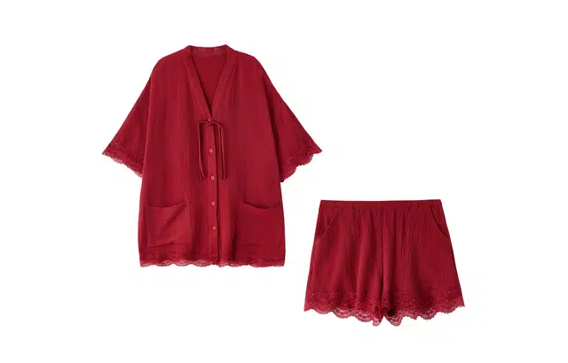 俏薇妮 本命年结婚复古喜庆翻领开衫短袖短裤家居服纯棉简约舒适透气休闲宽松可外穿睡衣套装 女款 红色