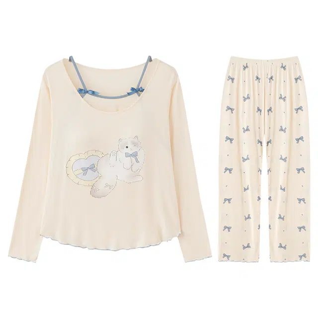 向薇 带胸垫舒适休闲长袖长裤睡衣套装 女款 图片色