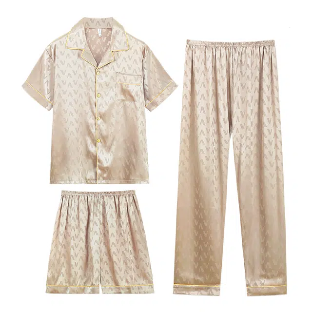 向薇 春夏季薄款冰丝凉感顺滑短袖三件套韩版男家居服可外穿睡衣套装 男款